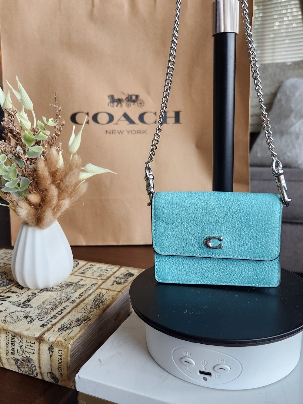 Coach Essential Half Flap Card Case With Silver Color Chain Crossbody